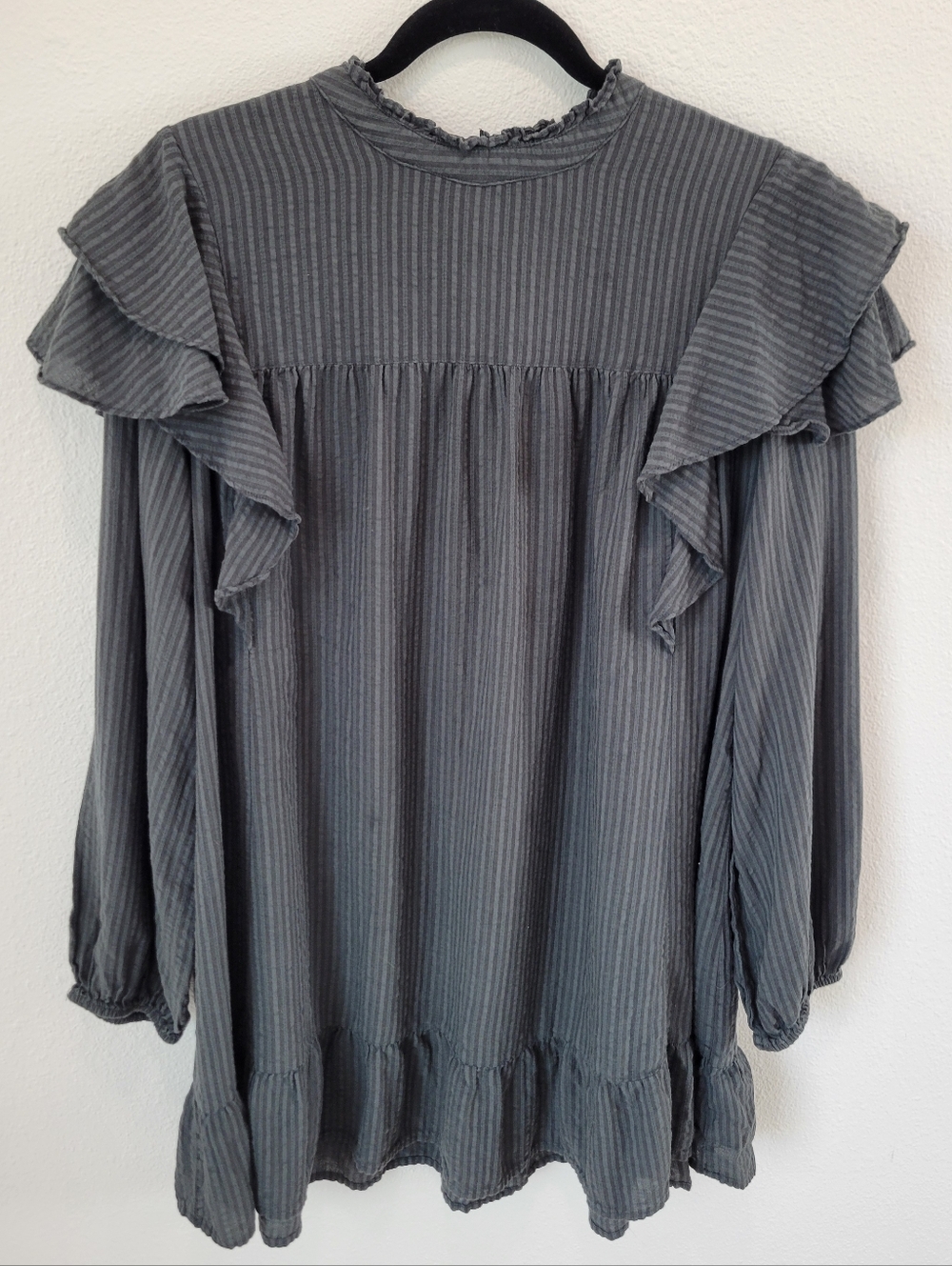 Wild Fable Women’s XL Dark Green‎ Gray Striped Ruffle Blouse Whimsigoth Academia